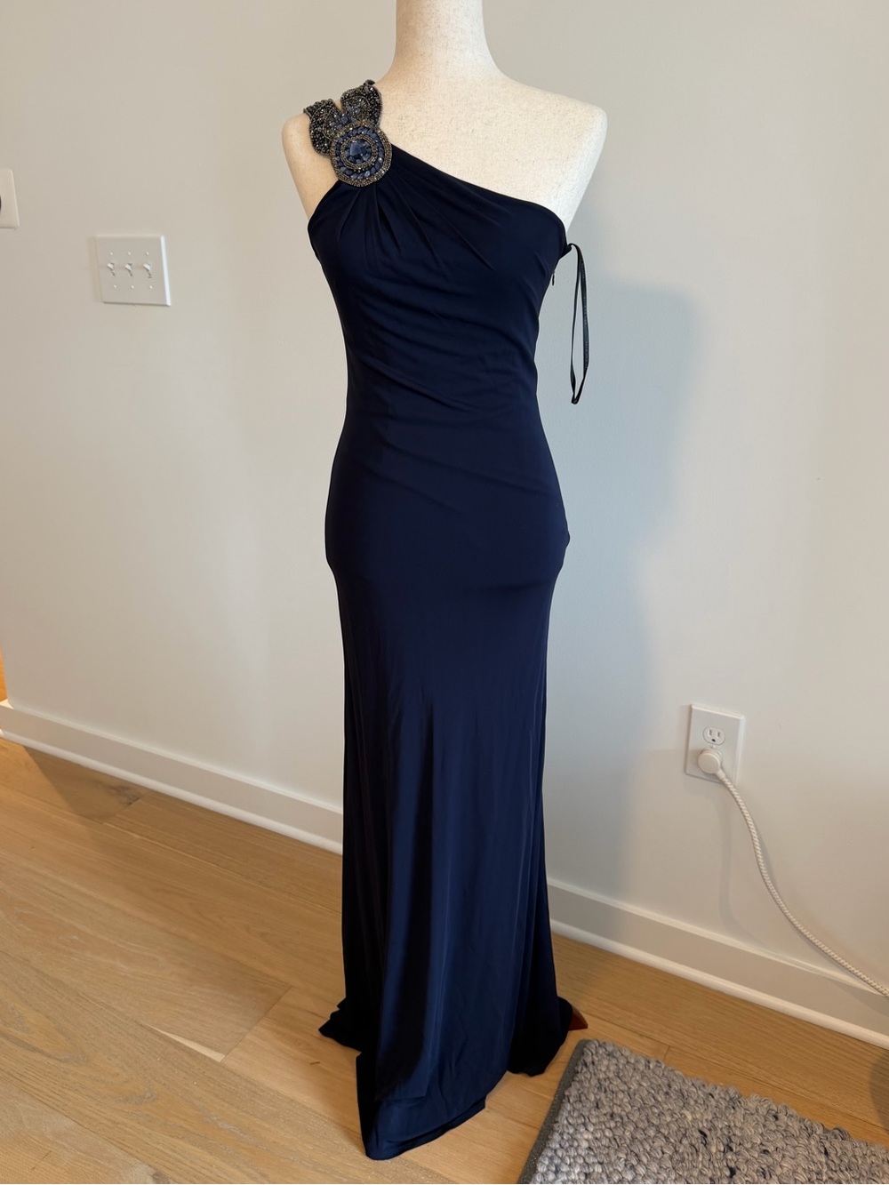 David Meister - One-Shoulder Embellished Navy Evening Gown - 4